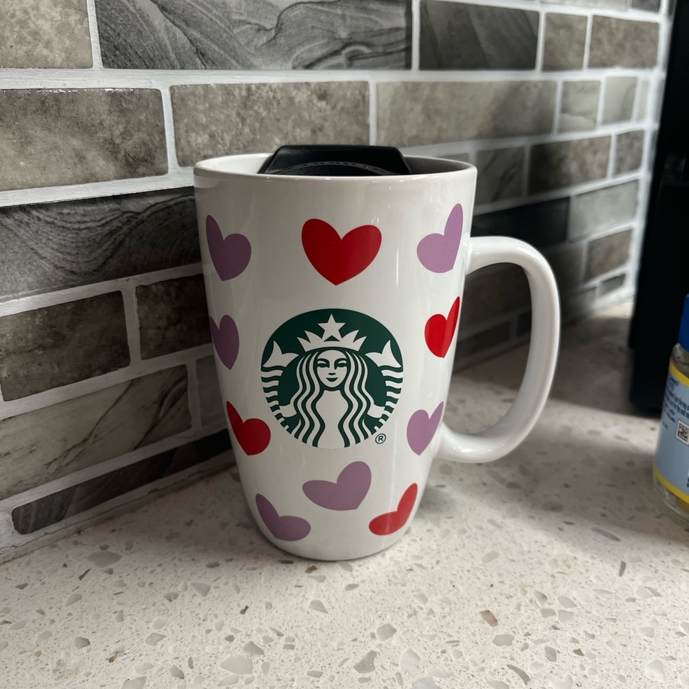 Starbucks White Mug with Red and Lavender Hearts